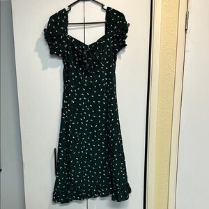 Sundress Forest Green and White Ruched Puff Sleeve Midi SHEIN